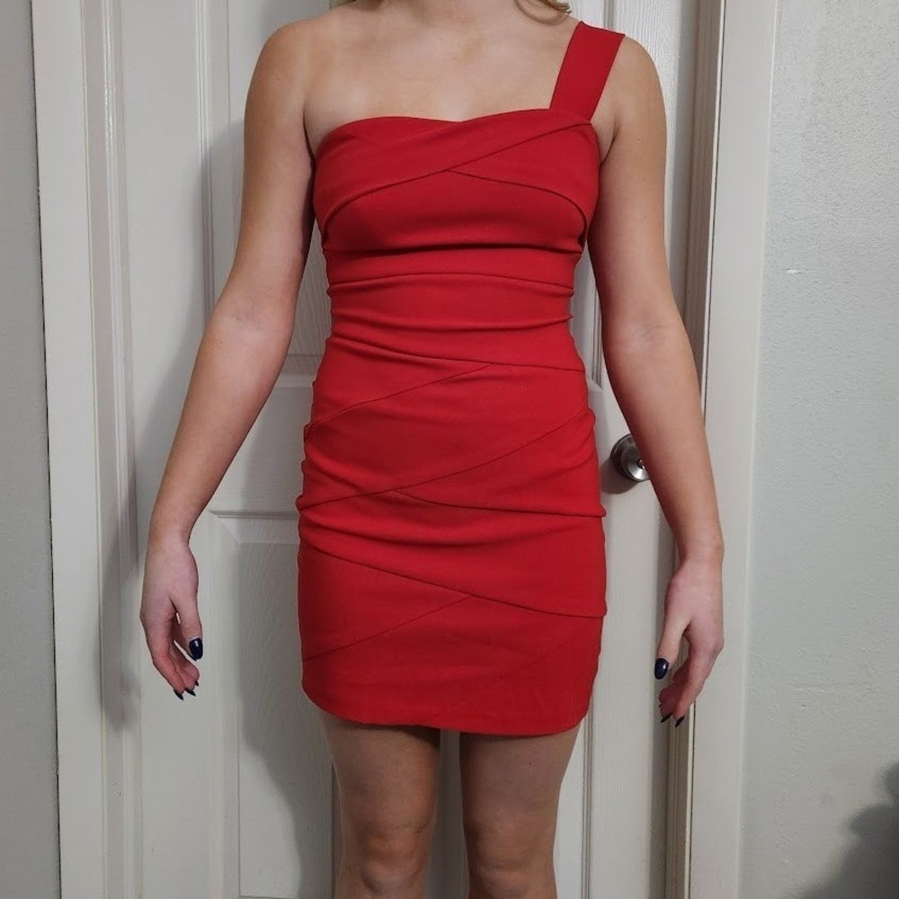Red One Shoulder Bodycon Mini Dress Bandage Style Asymmetrical F77